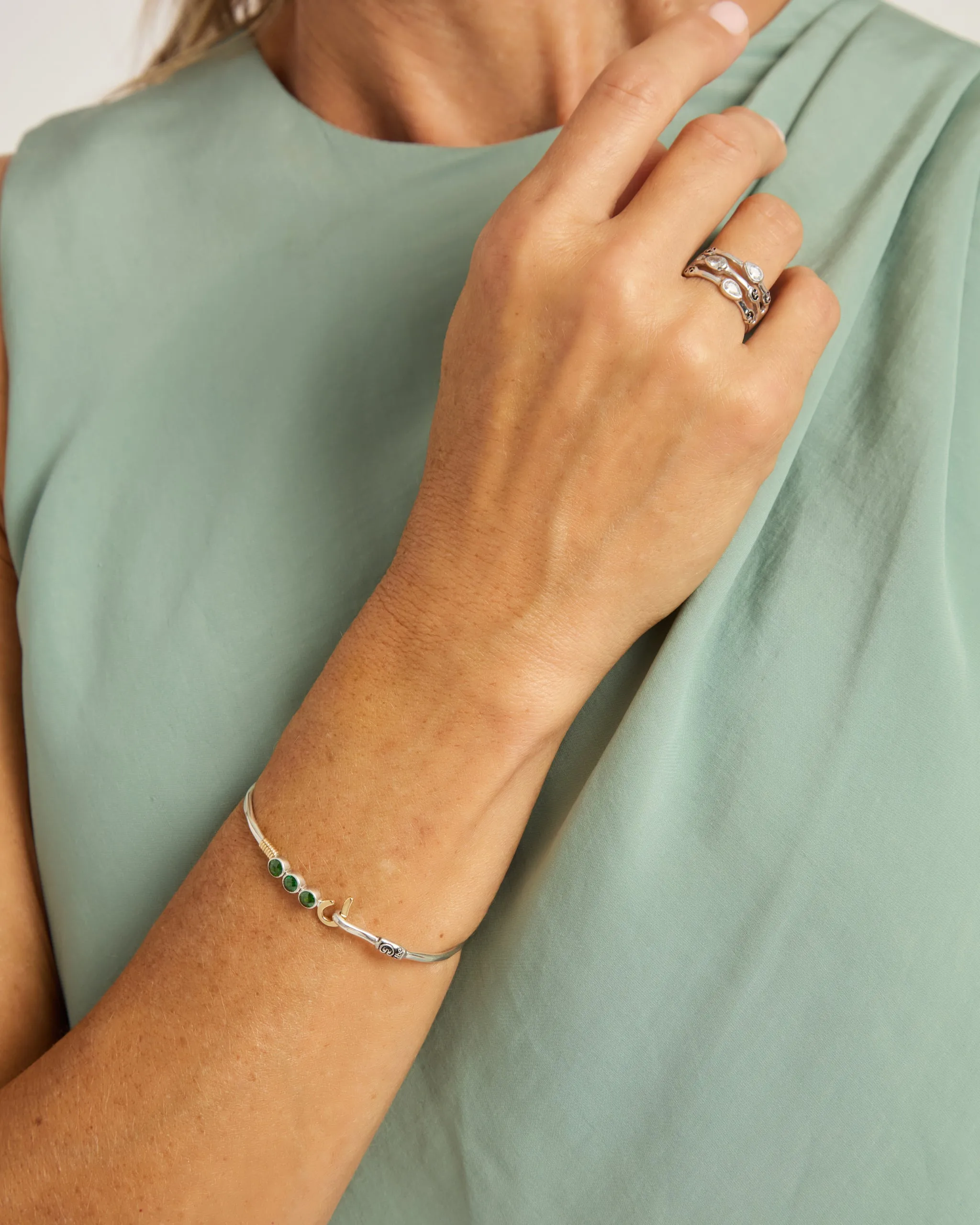 St. John Hook Bracelet with Triple Stones, 2mm - Green Zircon