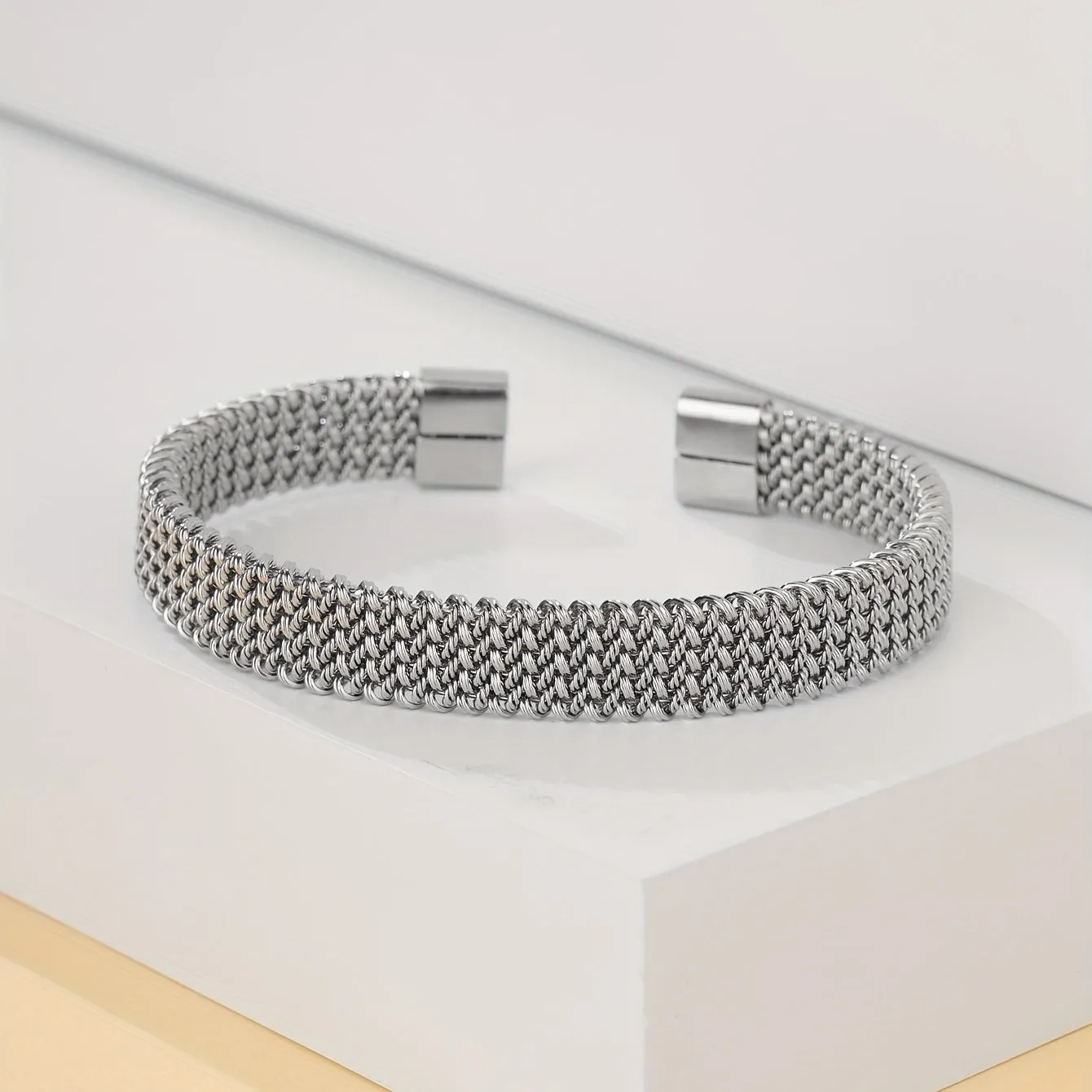 Stainless Steel Braided Flat C Open Bracelet Men Women