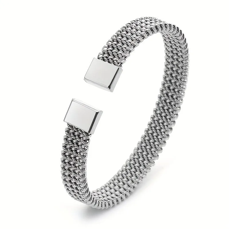 Stainless Steel Braided Flat C Open Bracelet Men Women