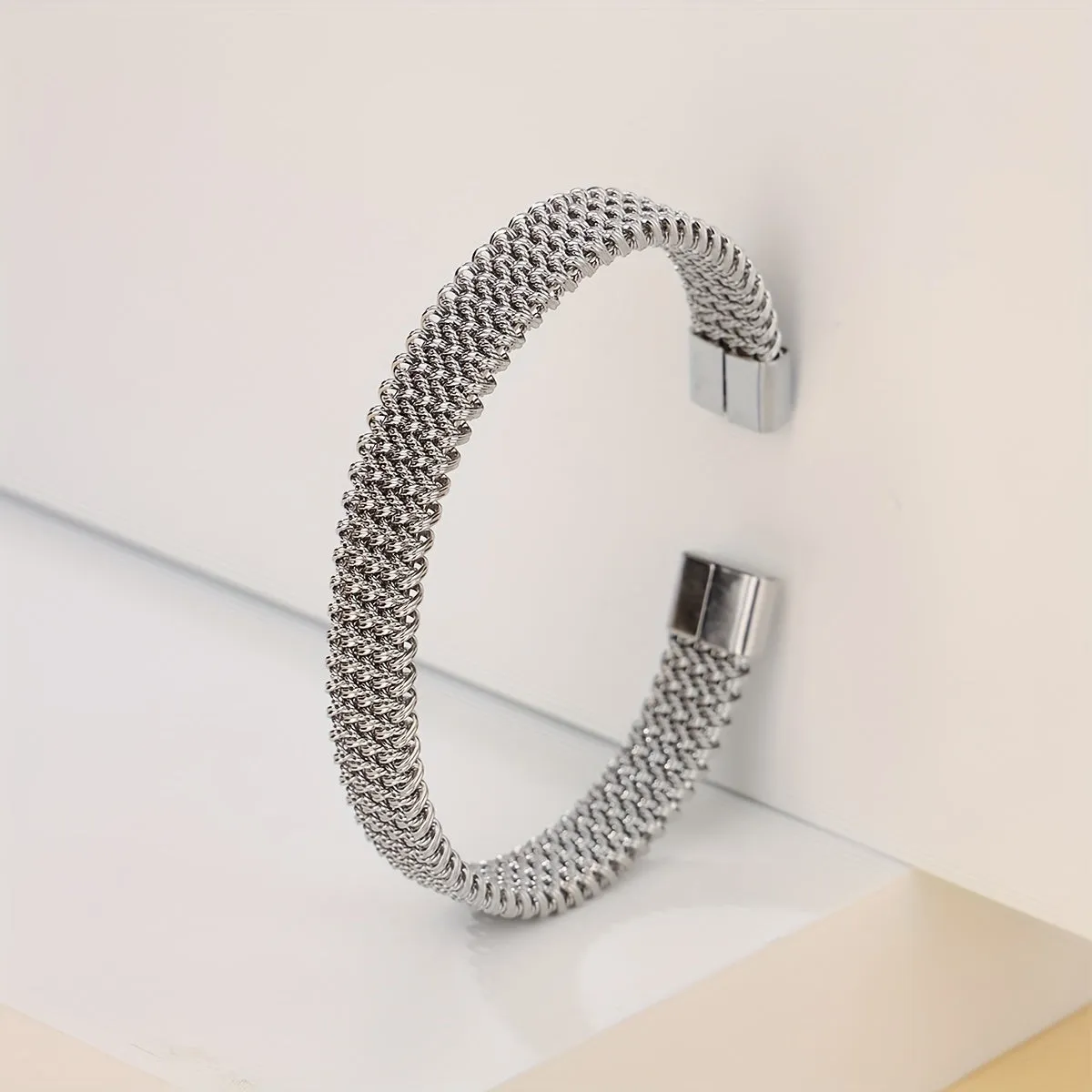 Stainless Steel Braided Flat C Open Bracelet Men Women