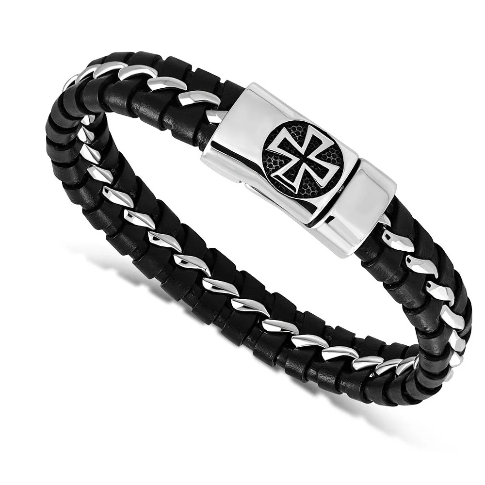 Stainless Steel Silver-Tone Black Leather Braided Cross Wristband Mens Bracelet, 8.5"