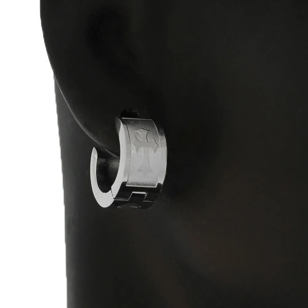 Stainless Steel Silver-Tone Polished Matte Religious Latin Cross Hoop Huggie Earrings