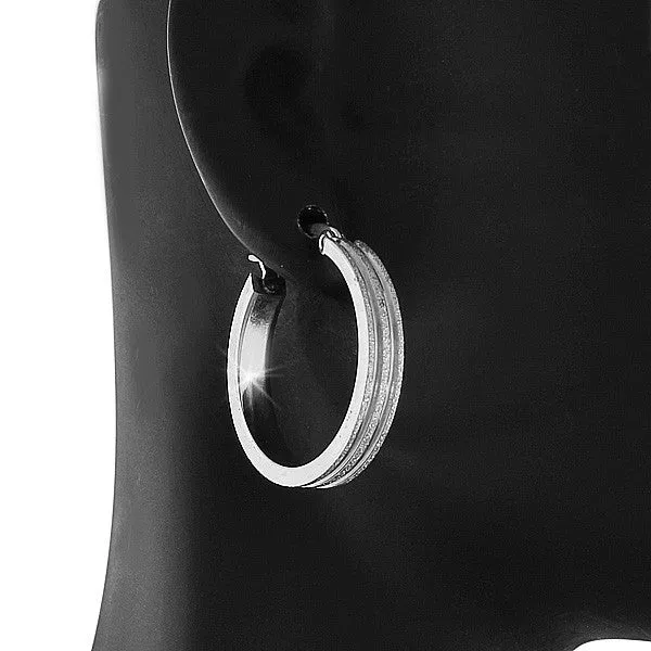Stainless Steel White Gold Silver-Tone Glitter Womens Girls Hoop Earrings
