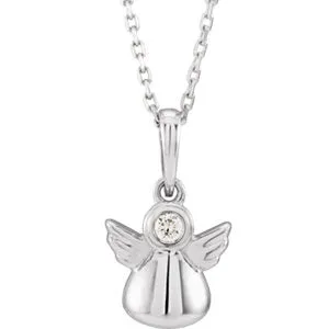 Sterling Silver .03 CT Diamond Youth Angel 15" Necklace