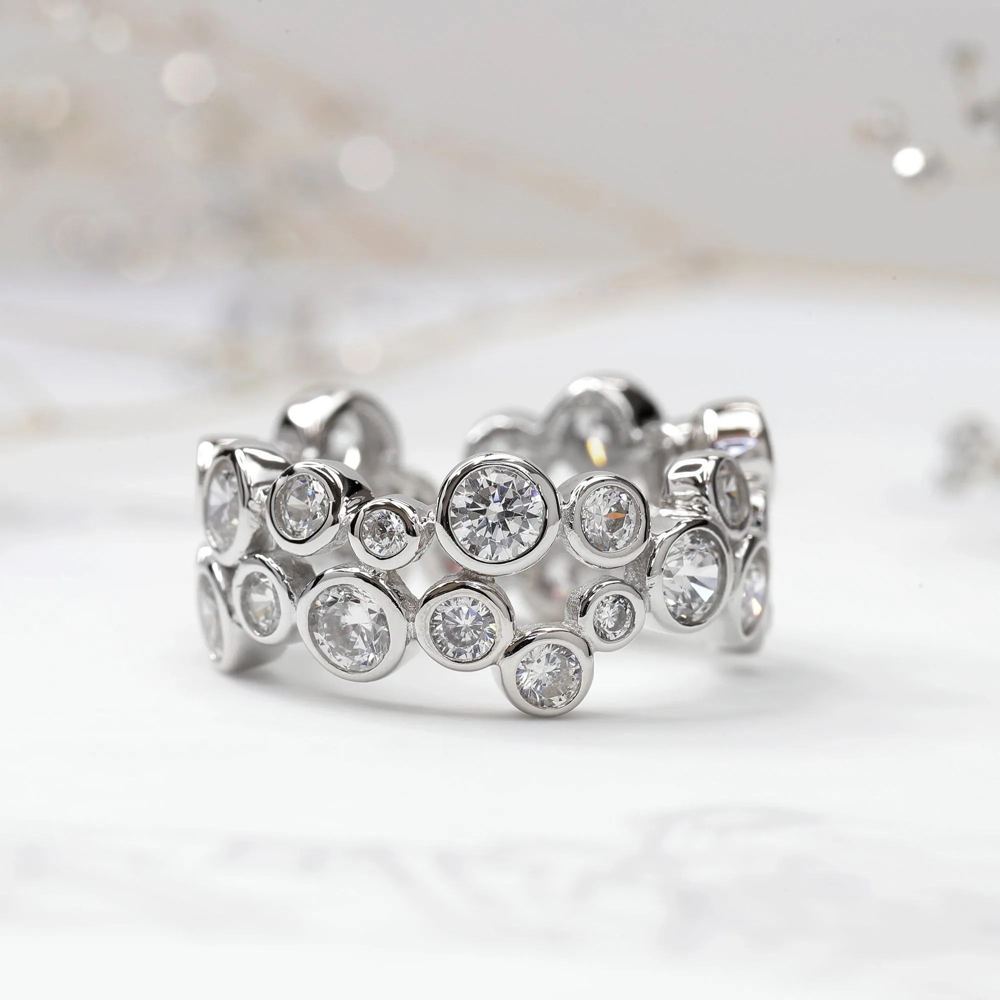 Sterling Silver Asymmetrical Two Row Full Eternity Ring