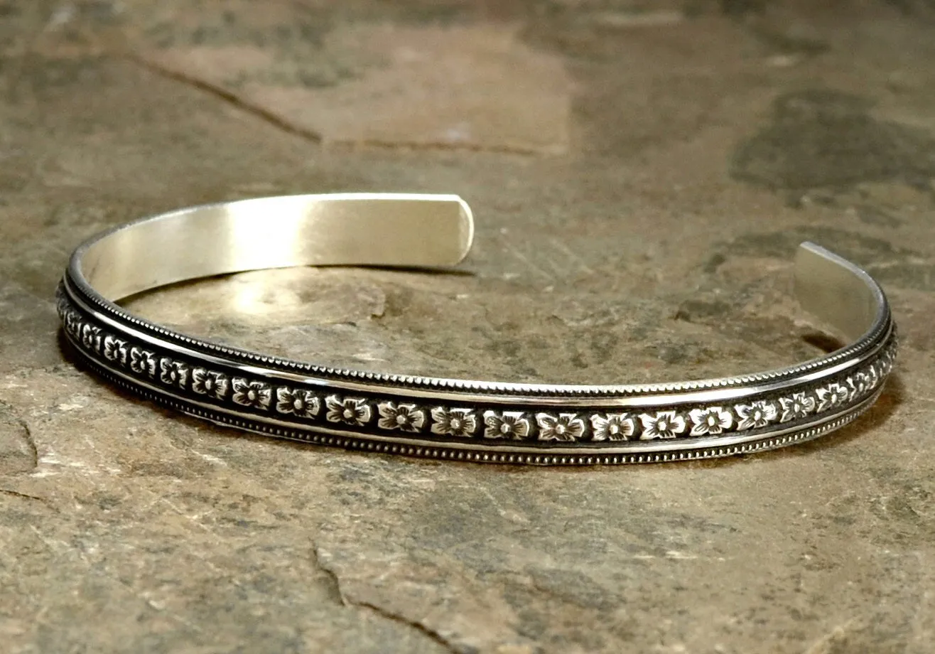 Sterling Silver Hibiscus Flower Patterned Bracelet with dark Patina