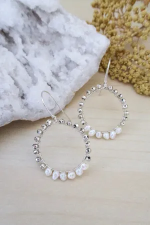 Sterling silver Hoops with Freshwater Pearls and Pyrite