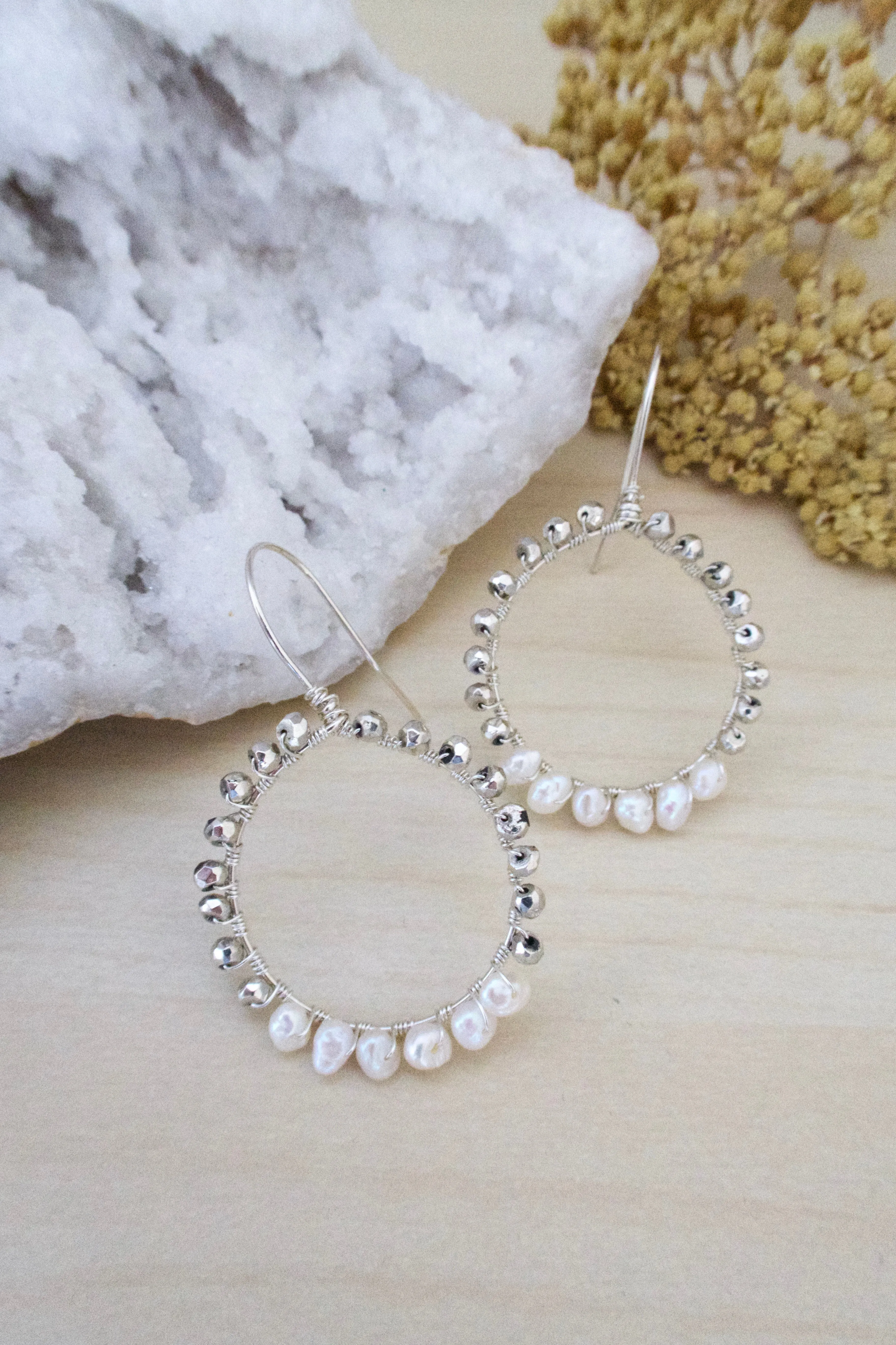 Sterling silver Hoops with Freshwater Pearls and Pyrite
