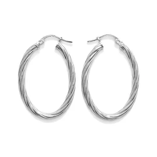 Sterling Silver Twist Thin Oval Hoop Earrings. Available in 2 Sizes.
