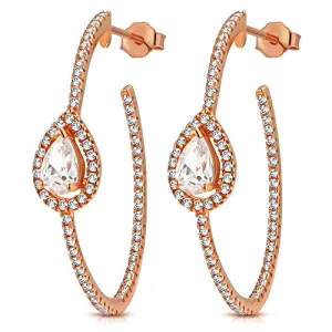 Sterling Silver Yellow Gold-Tone White Clear Teardrop CZ Half-Hoop Oval Earrings, 1.20"