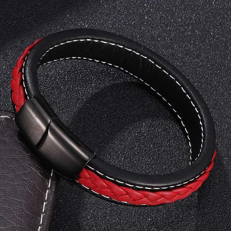 Stylish Red Leather Bracelet with Stainless Steel Buckle