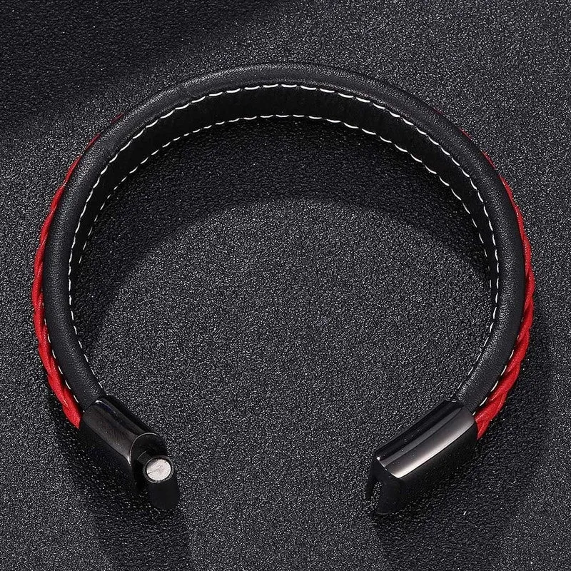 Stylish Red Leather Bracelet with Stainless Steel Buckle