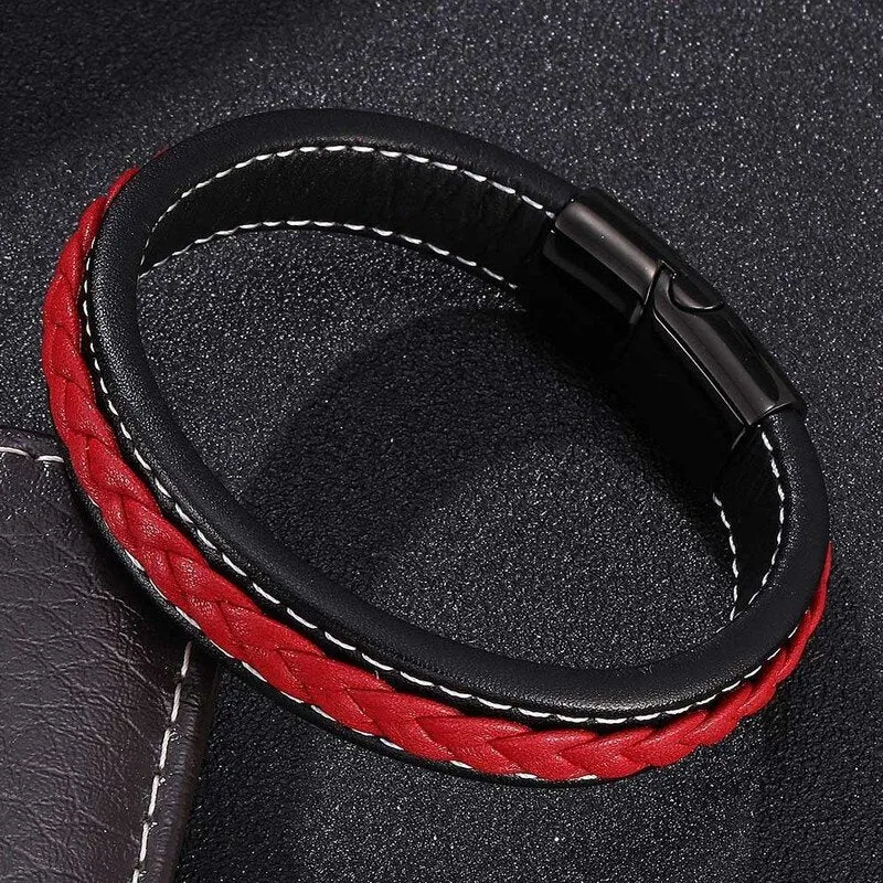 Stylish Red Leather Bracelet with Stainless Steel Buckle