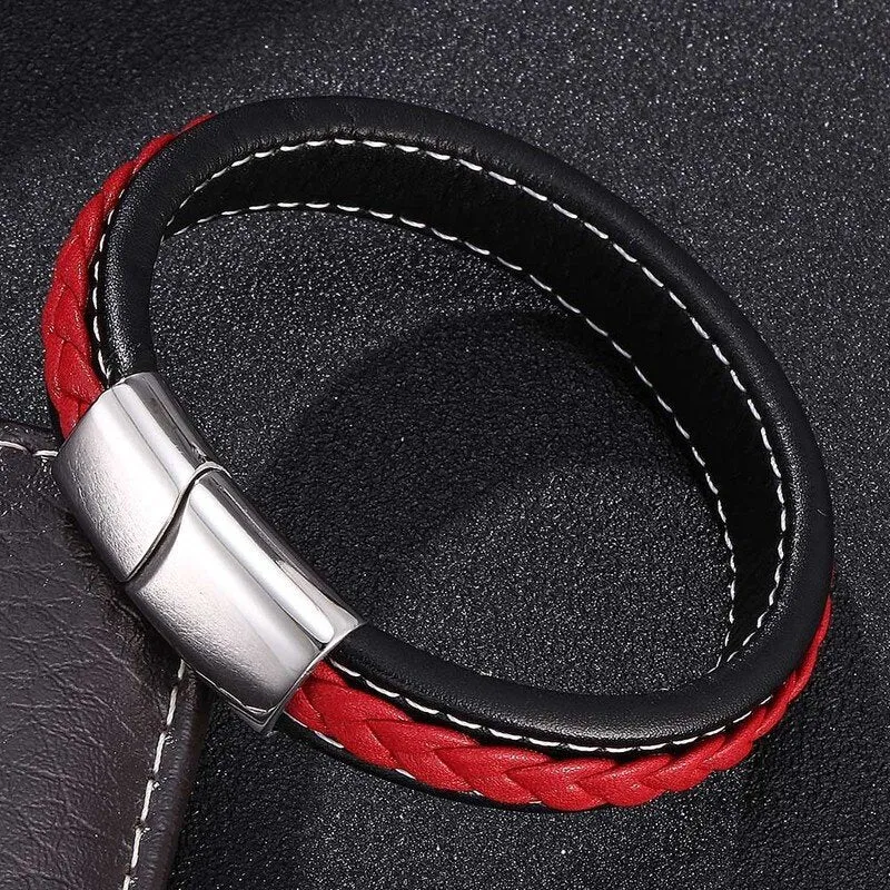 Stylish Red Leather Bracelet with Stainless Steel Buckle