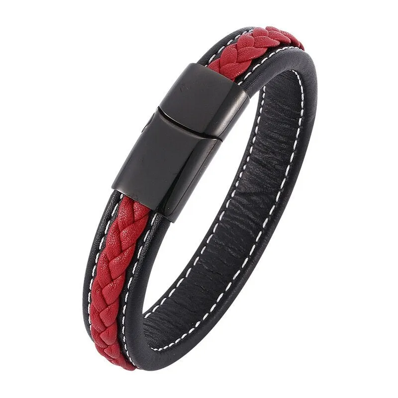 Stylish Red Leather Bracelet with Stainless Steel Buckle