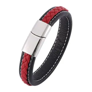 Stylish Red Leather Bracelet with Stainless Steel Buckle