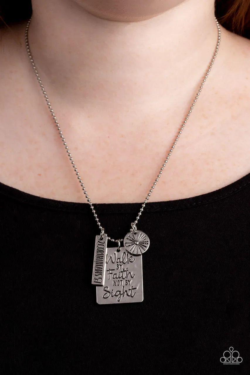 Sunshine Sight - Silver - "Walk by Faith Not by Sight" Inspirational Religious Paparazzi Short Necklace