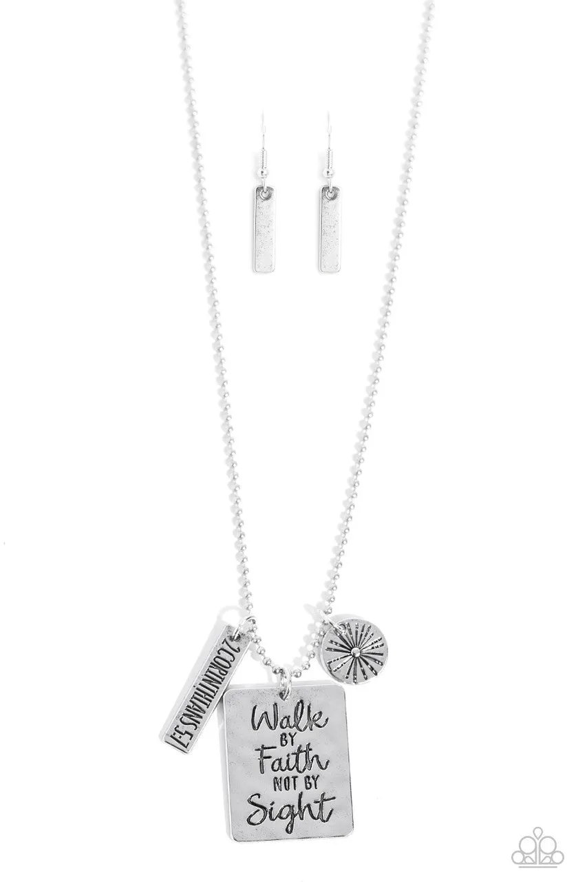 Sunshine Sight - Silver - "Walk by Faith Not by Sight" Inspirational Religious Paparazzi Short Necklace
