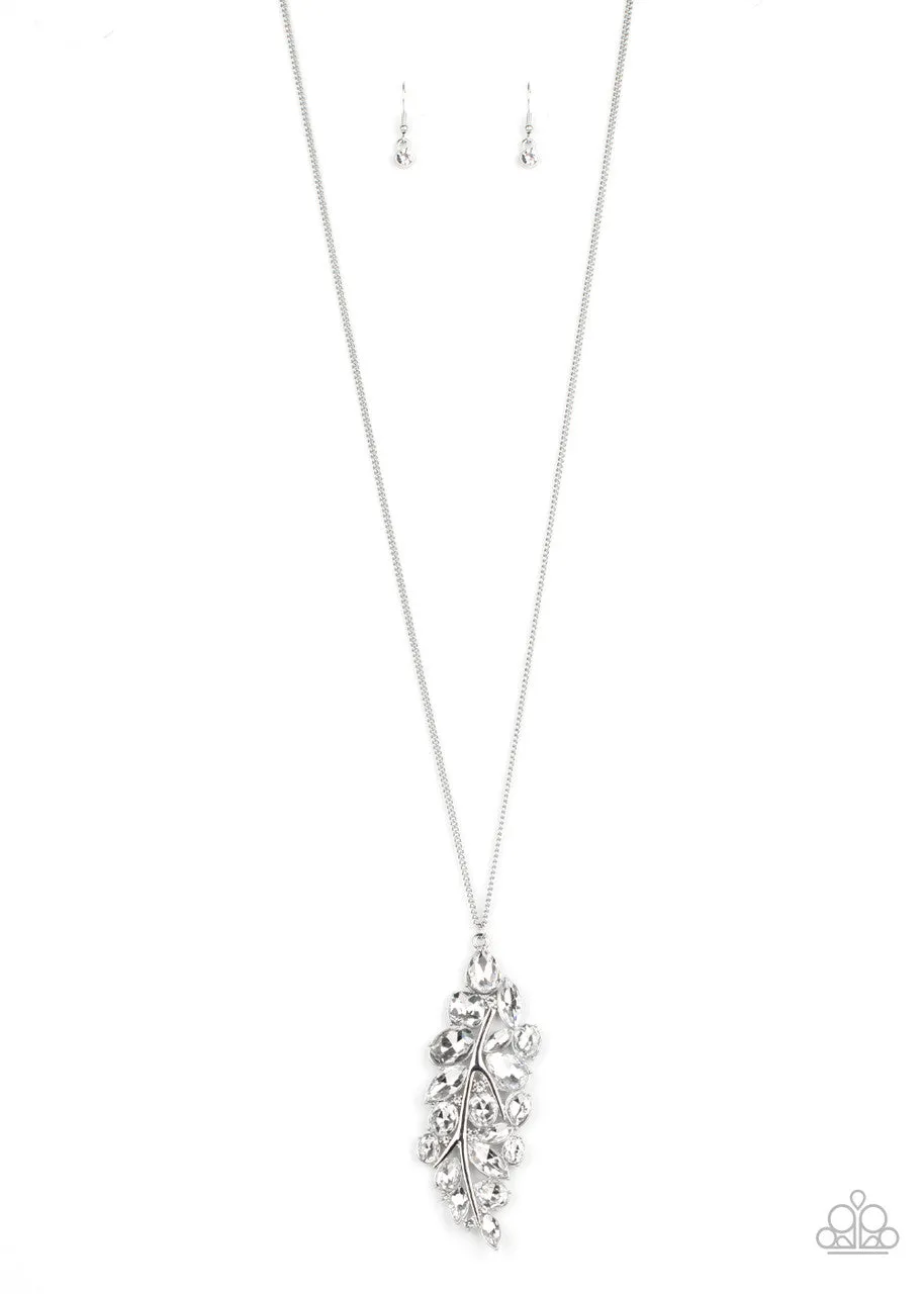 Take a Final BOUGH - White - Oversized Leaf Rhinestone Paparazzi Long Necklace - December 2020 Life of the Party Exclusive