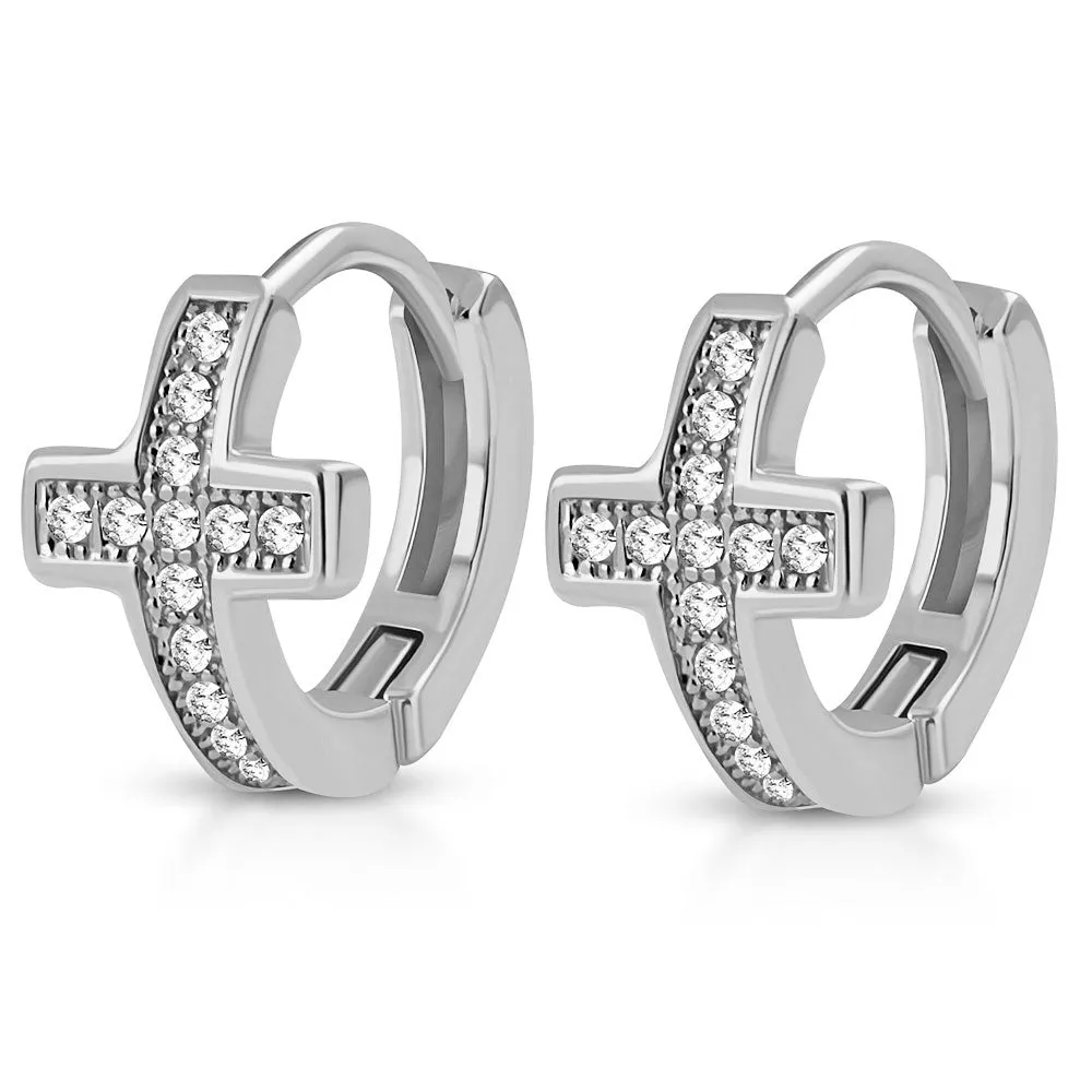 Teeny Hoop Cross Earrings