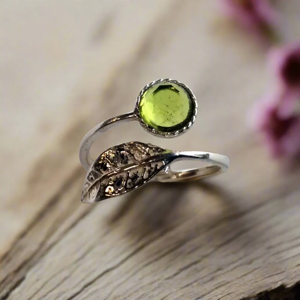 Thin Leaf Silver Peridot Ring - Gone with the wind.
