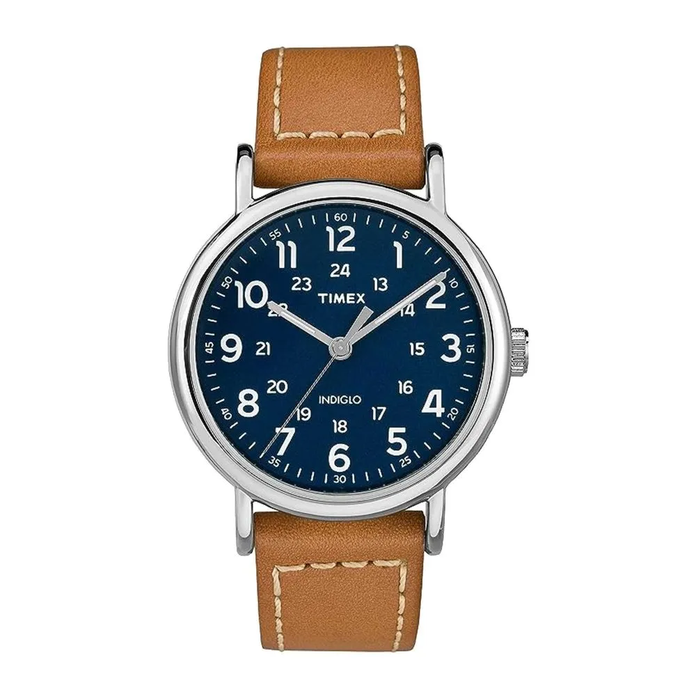 Timex Men's Indiglo Chrome Round Dial With Navy Blue Dial & Plain Brown Strap Analog Watch, TW2R42500