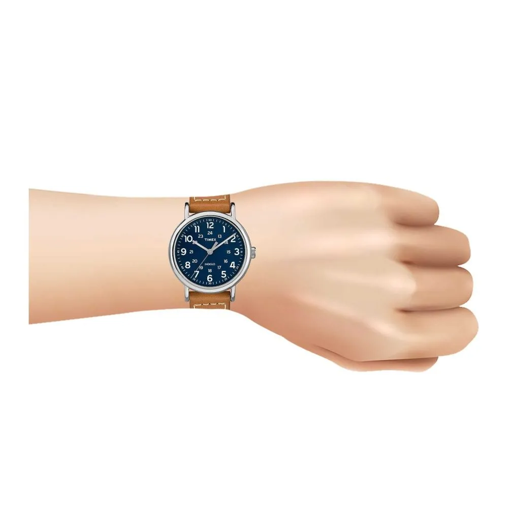 Timex Men's Indiglo Chrome Round Dial With Navy Blue Dial & Plain Brown Strap Analog Watch, TW2R42500