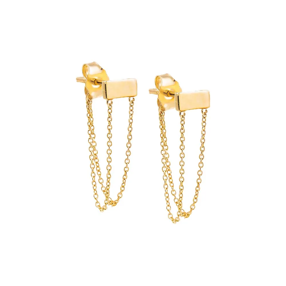 Tiny Solid Bar Double Chain Front Back Stud Earring 14K