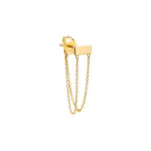 Tiny Solid Bar Double Chain Front Back Stud Earring 14K