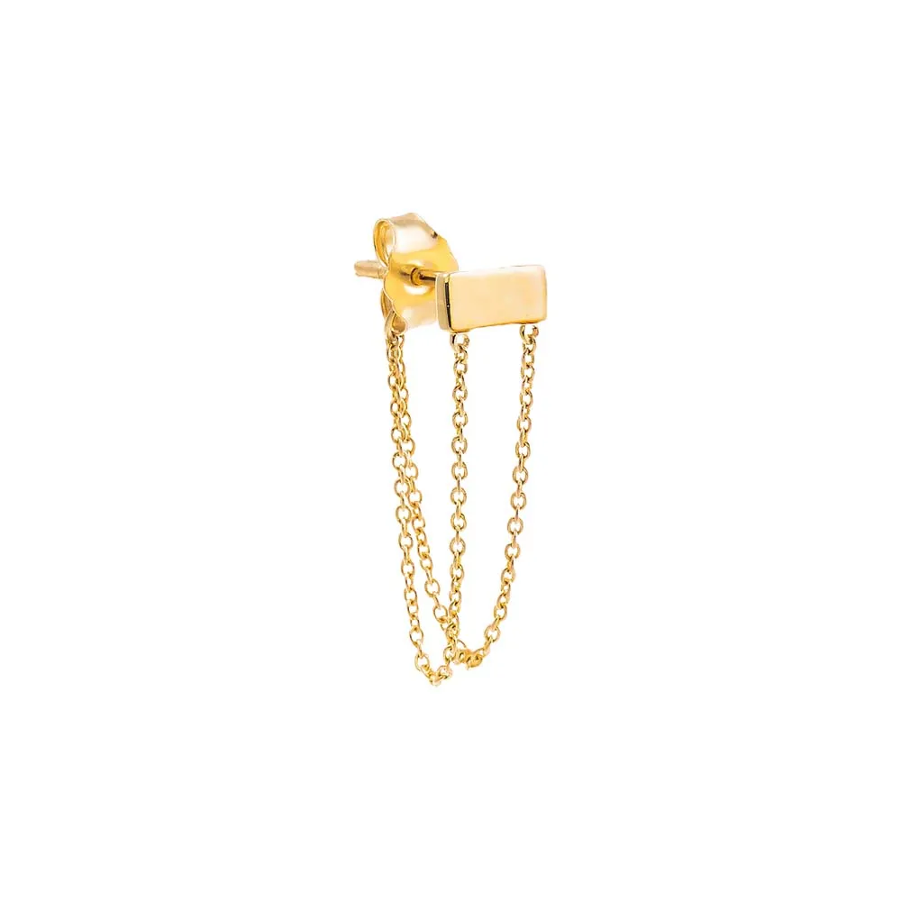 Tiny Solid Bar Double Chain Front Back Stud Earring 14K