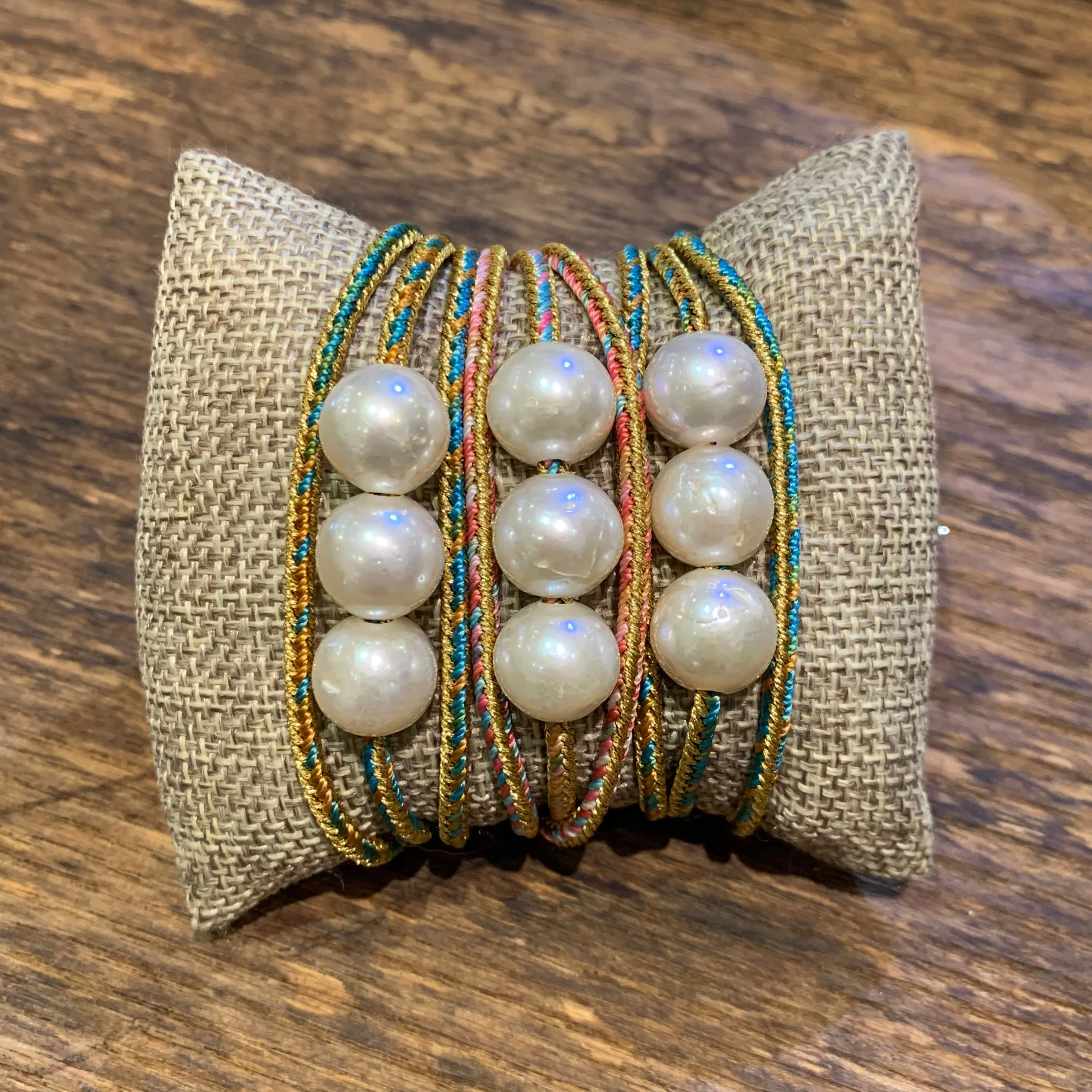 Triple Wrap Edison Pearls on Metallic Cord Bracelet
