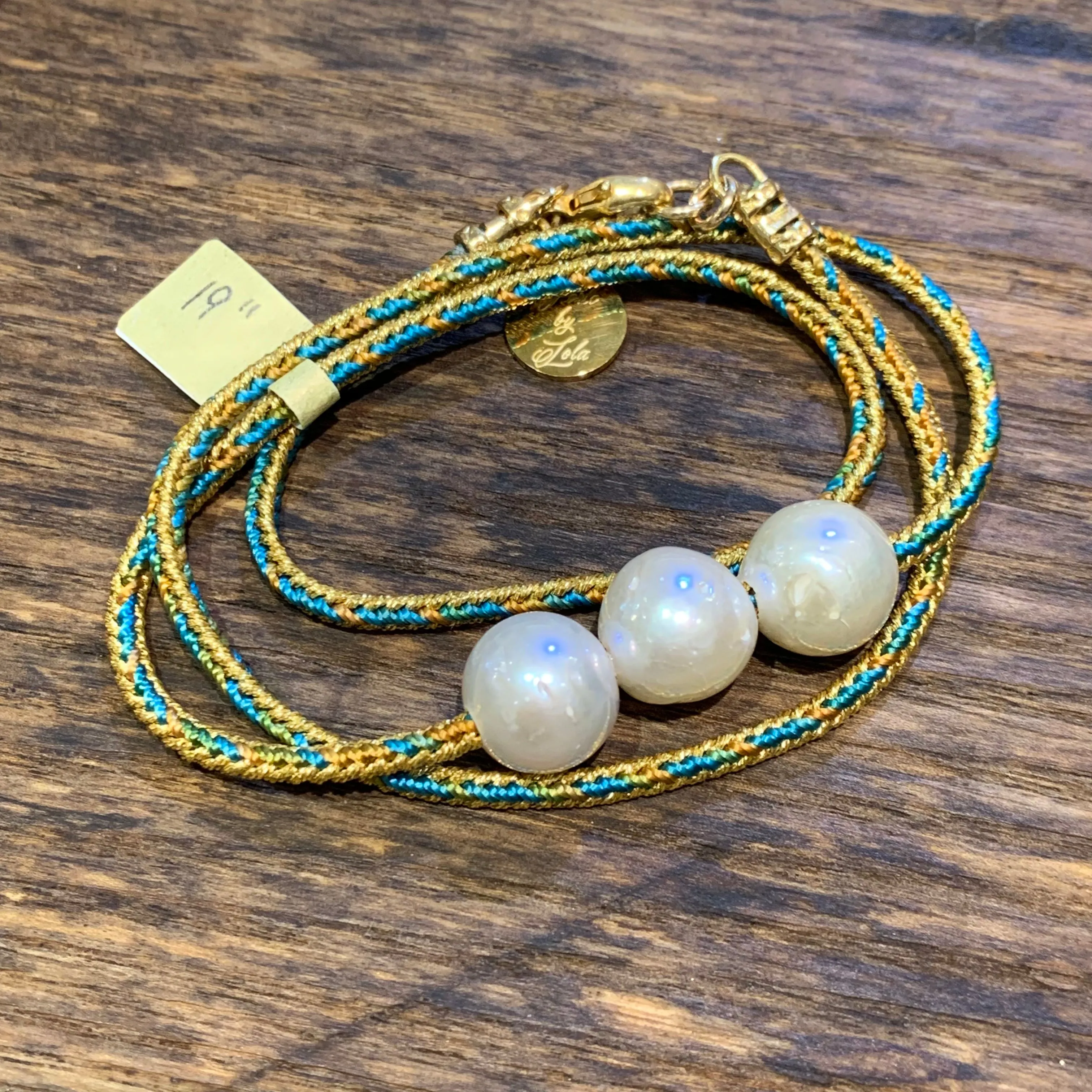 Triple Wrap Edison Pearls on Metallic Cord Bracelet