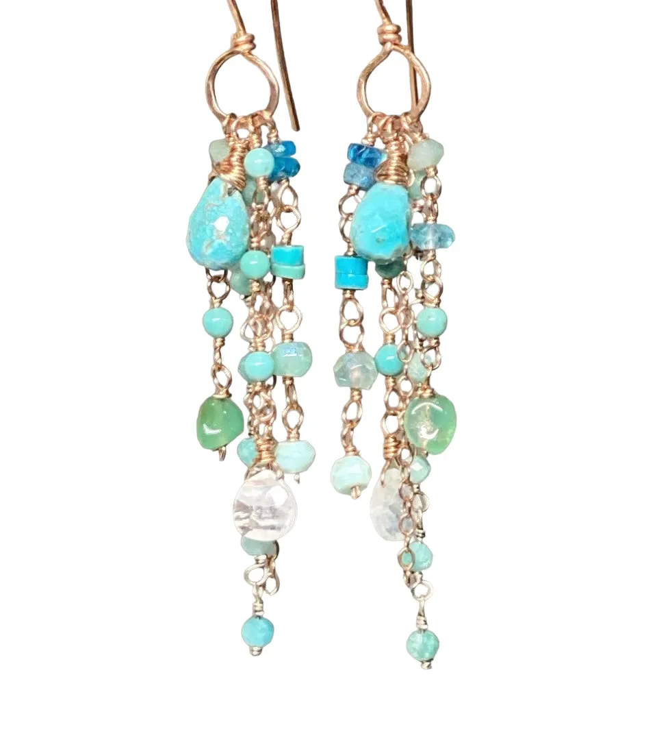 Turquoise Multi Gemstone Dangle Earrings Rose Gold Fill
