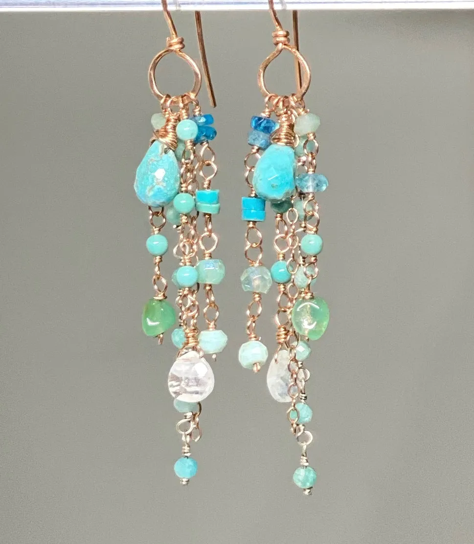 Turquoise Multi Gemstone Dangle Earrings Rose Gold Fill