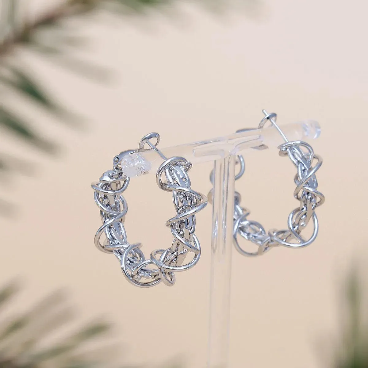 Twisted White Gold-finished Wire Chain Small Hoop Earrings
