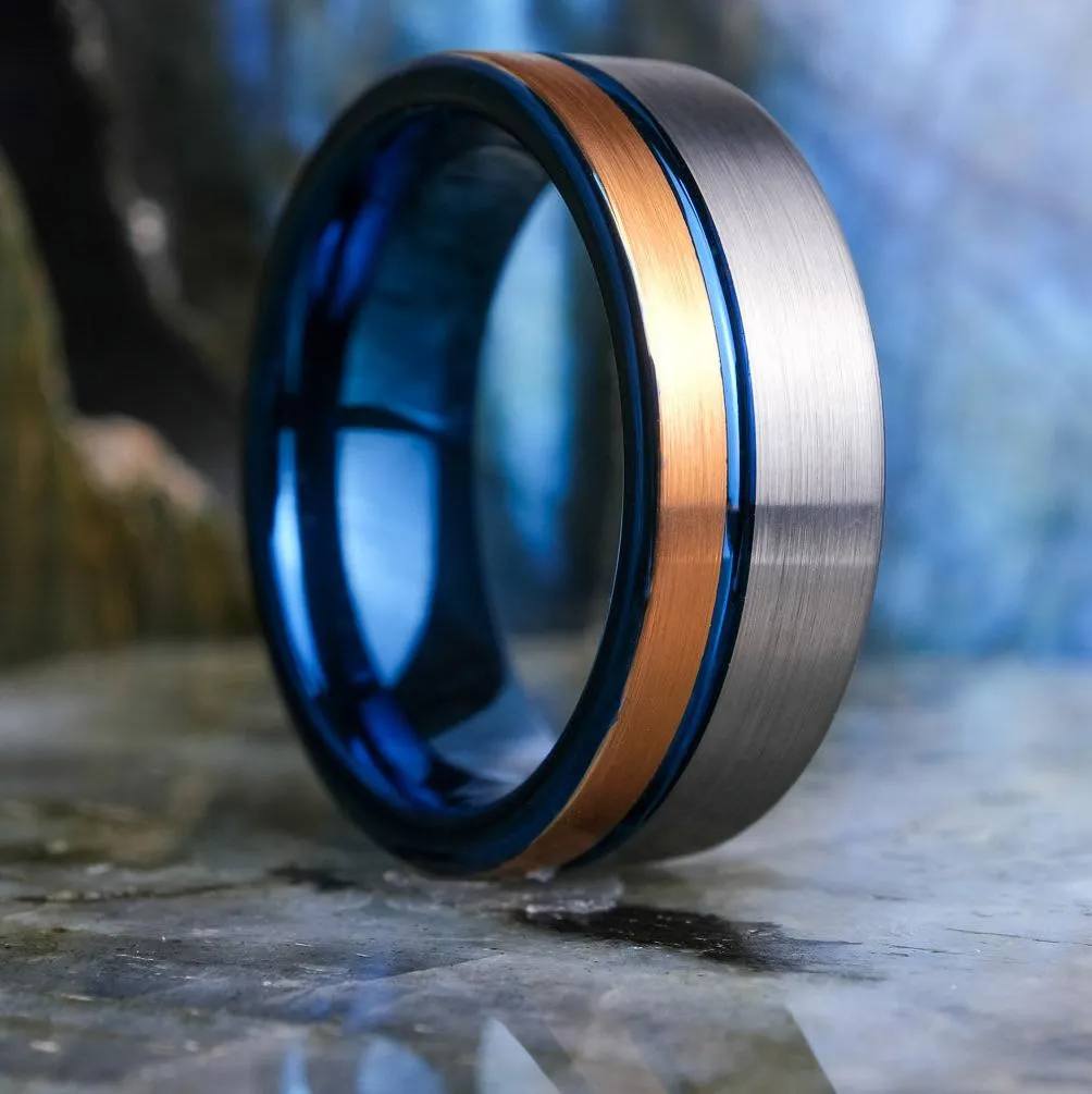 Two-Tone Brushed Silver & Rose Gold / Blue Stripe & Interior - 8mm