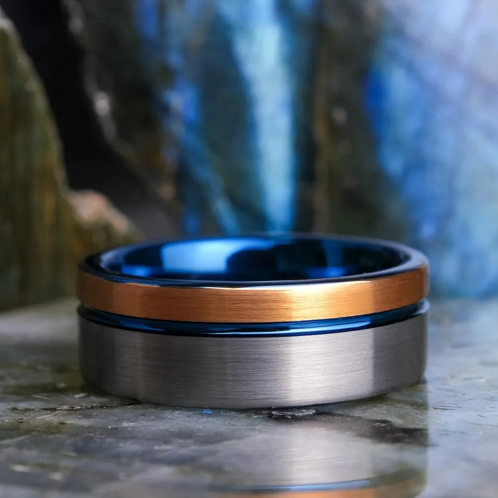Two-Tone Brushed Silver & Rose Gold / Blue Stripe & Interior - 8mm