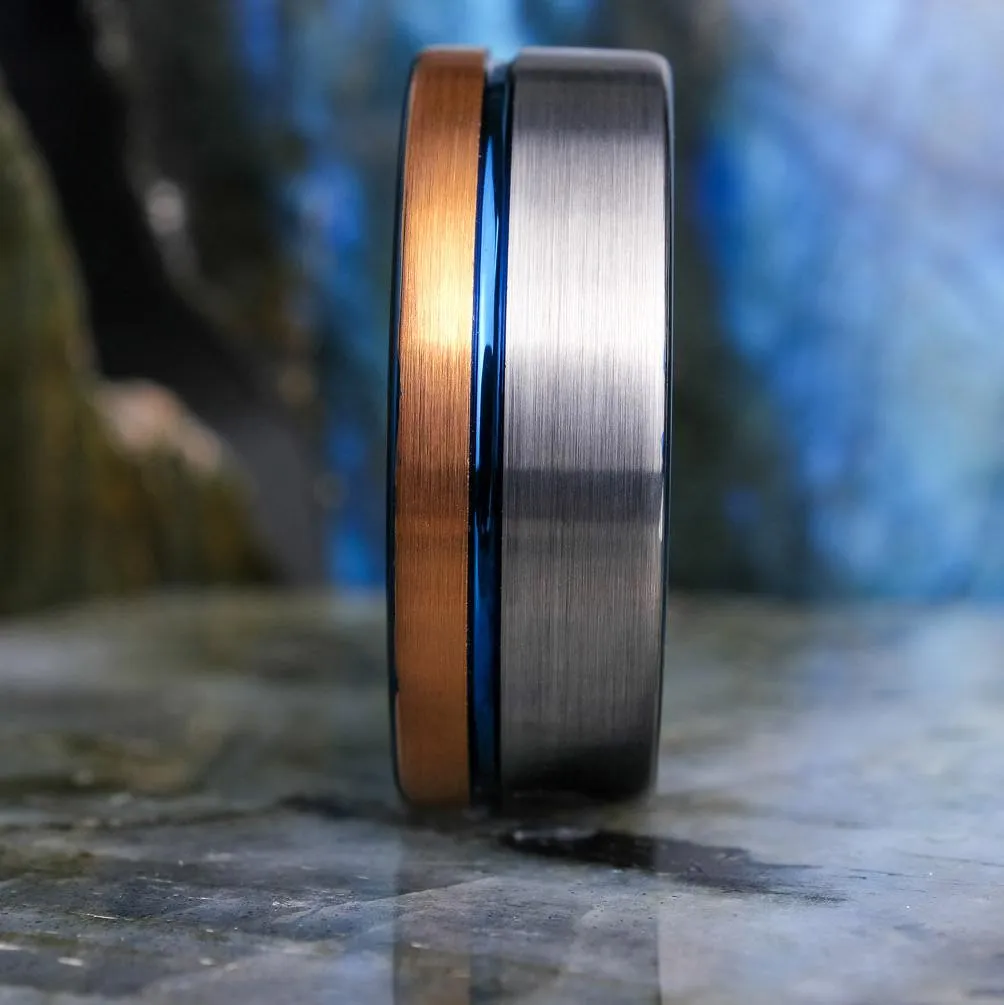 Two-Tone Brushed Silver & Rose Gold / Blue Stripe & Interior - 8mm