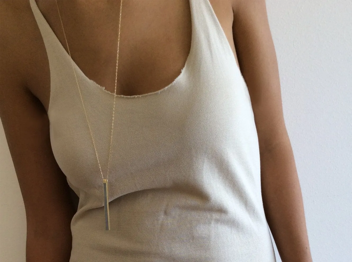 Vertical Silver Bar Long Necklace Pendant With Concrete Line By Hadas Shaham