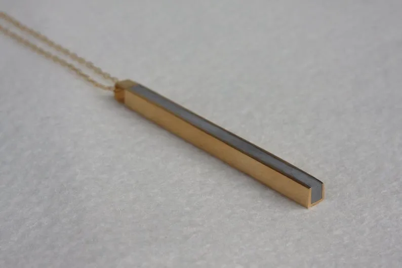 Vertical Silver Bar Long Necklace Pendant With Concrete Line By Hadas Shaham