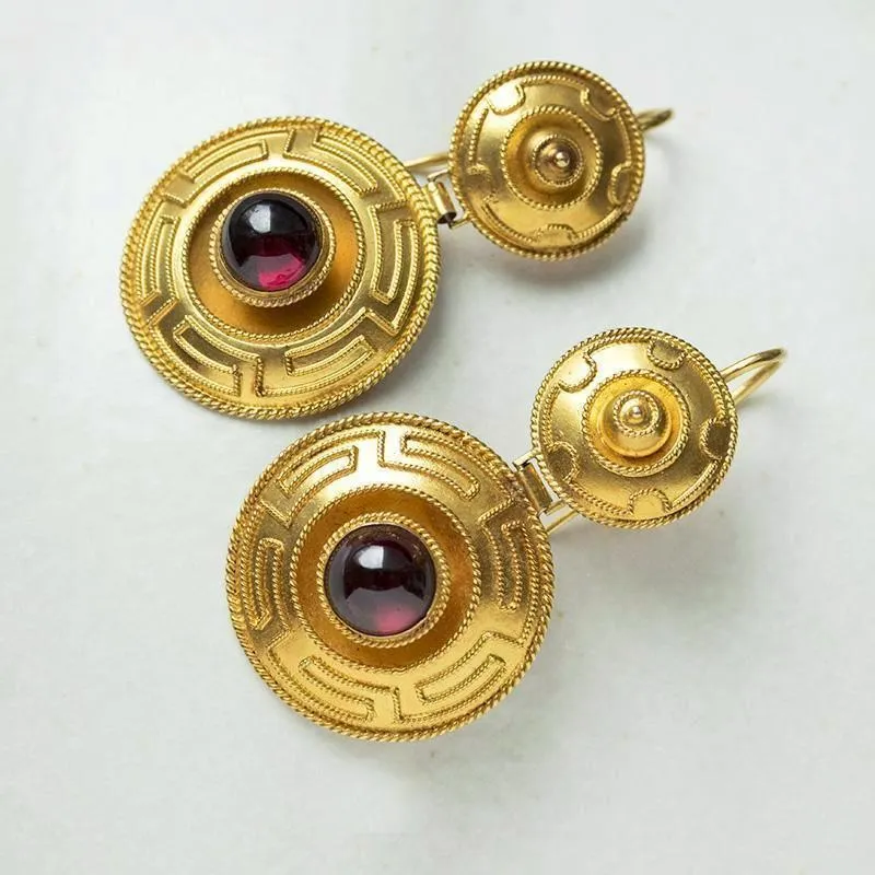 Victorian Garnet and Greek Key Gold Earrings