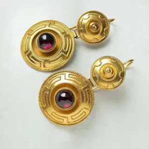 Victorian Garnet and Greek Key Gold Earrings