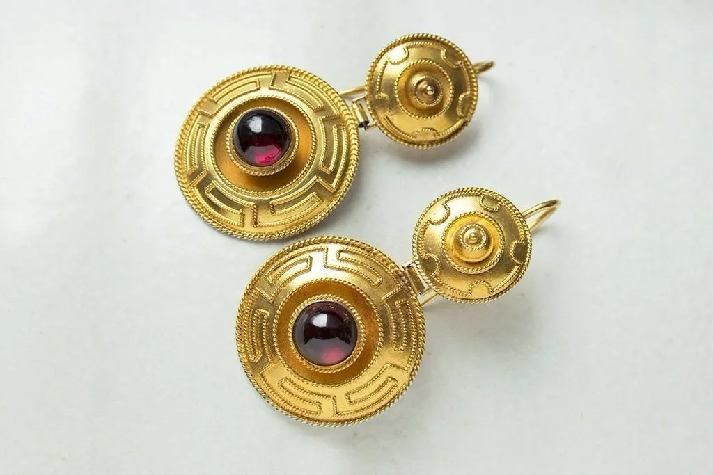 Victorian Garnet and Greek Key Gold Earrings