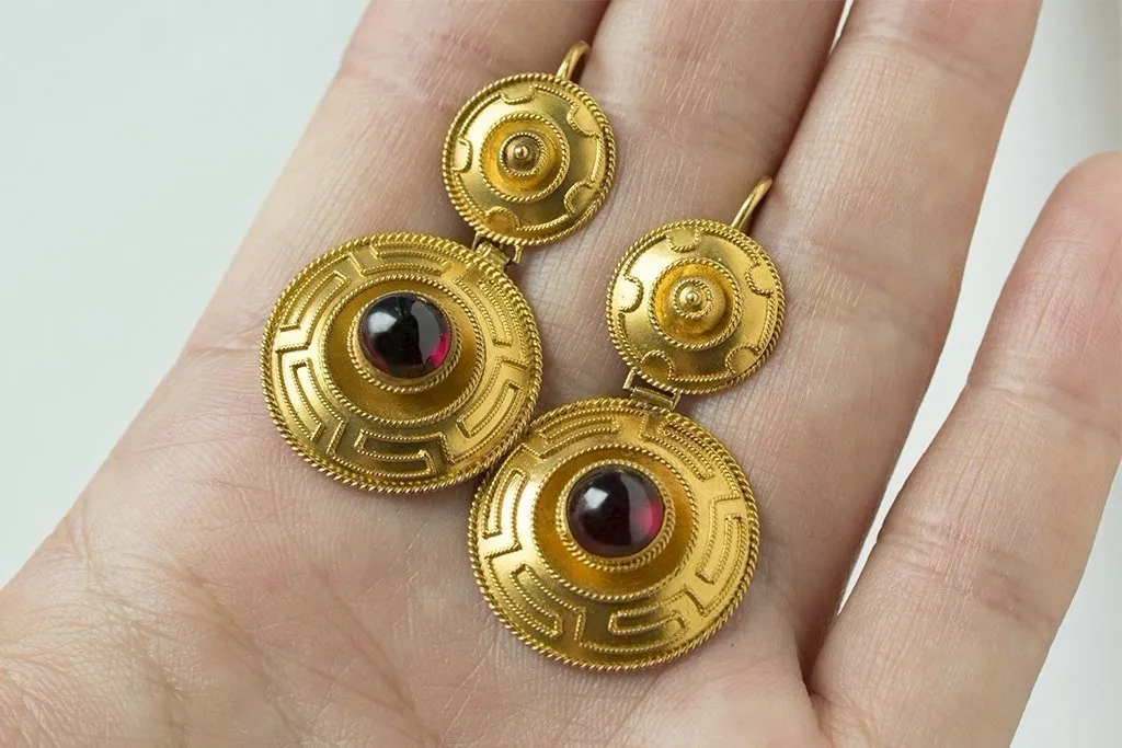 Victorian Garnet and Greek Key Gold Earrings