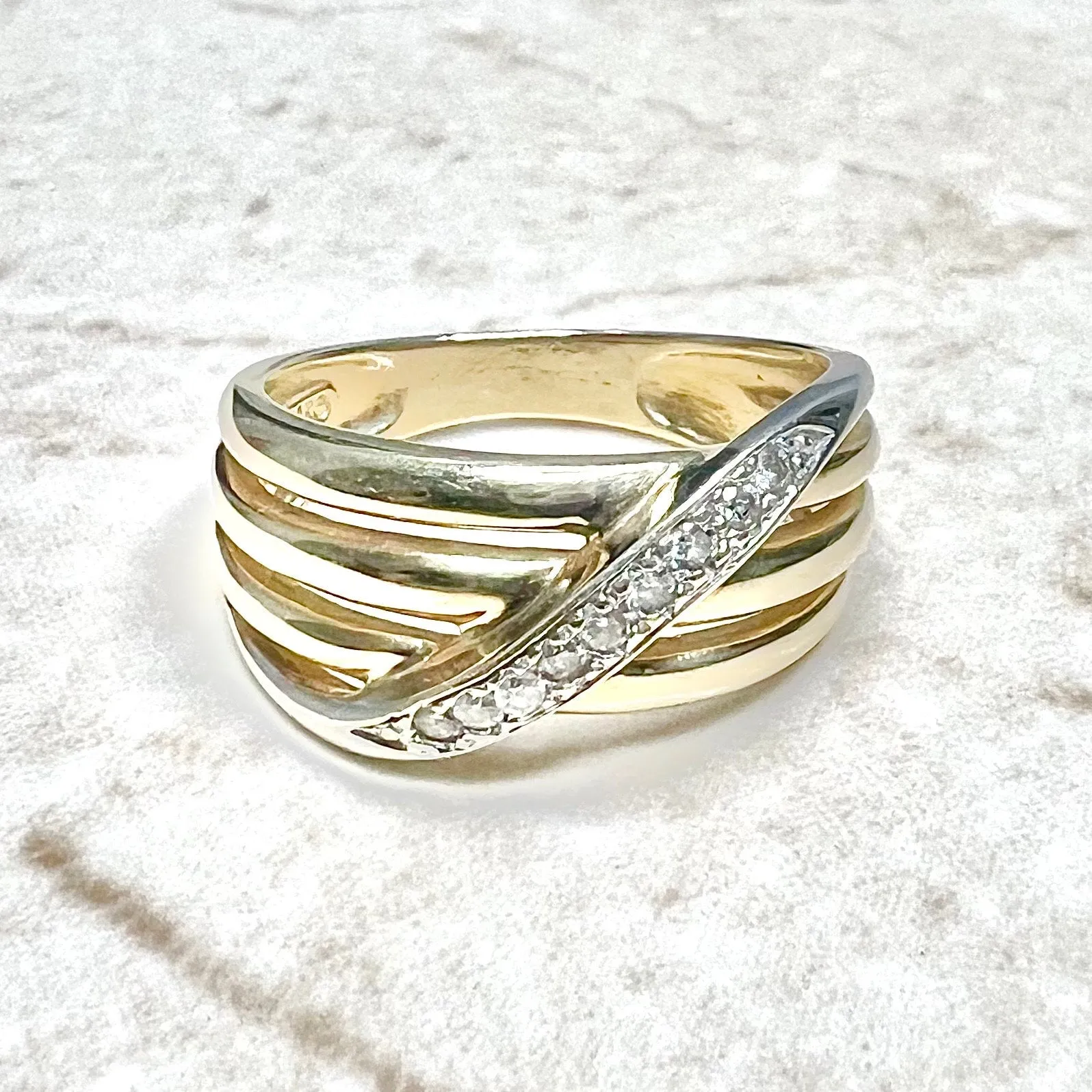 Vintage 14 Karat Two-Tone Gold Diamond Crossover Band Ring