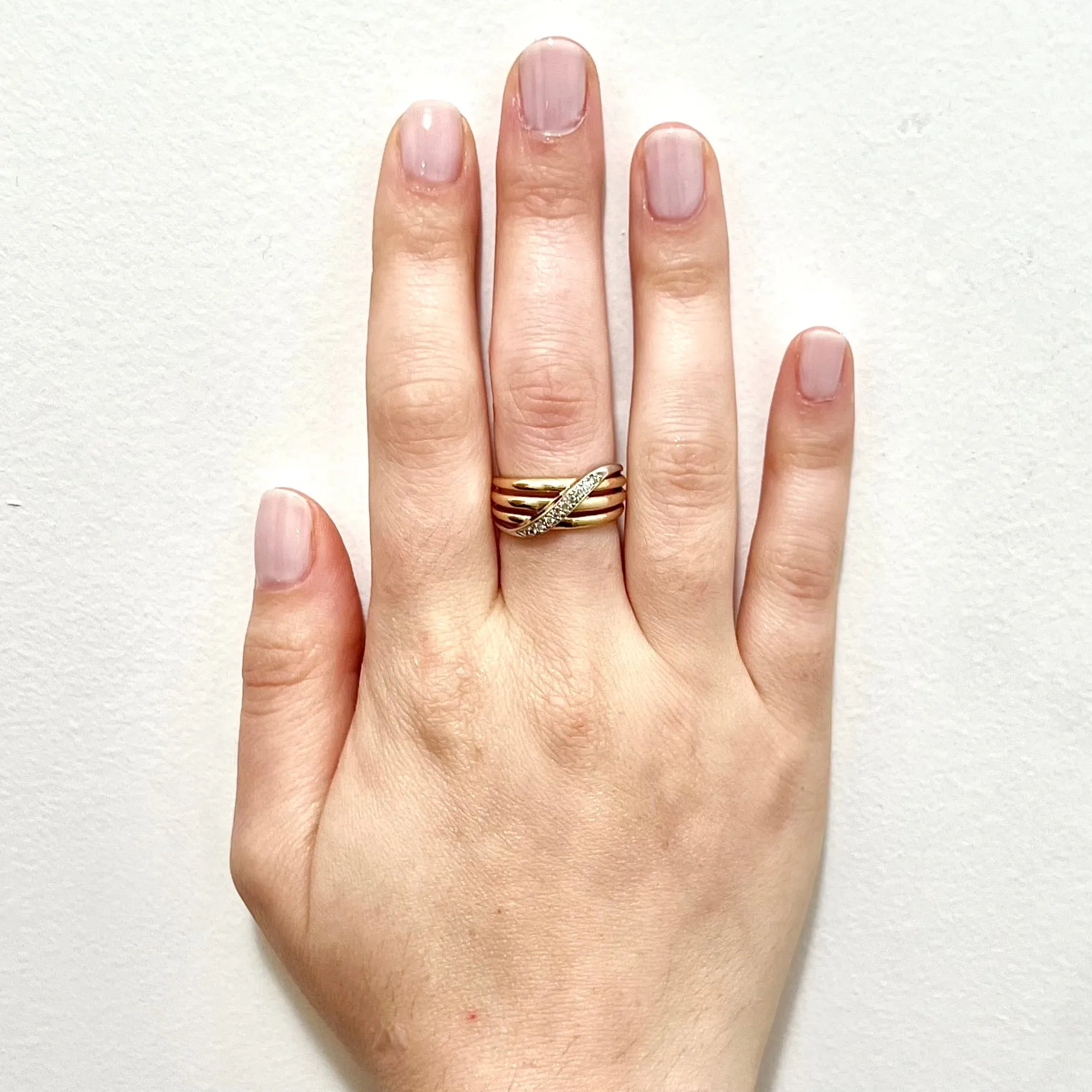 Vintage 14 Karat Two-Tone Gold Diamond Crossover Band Ring