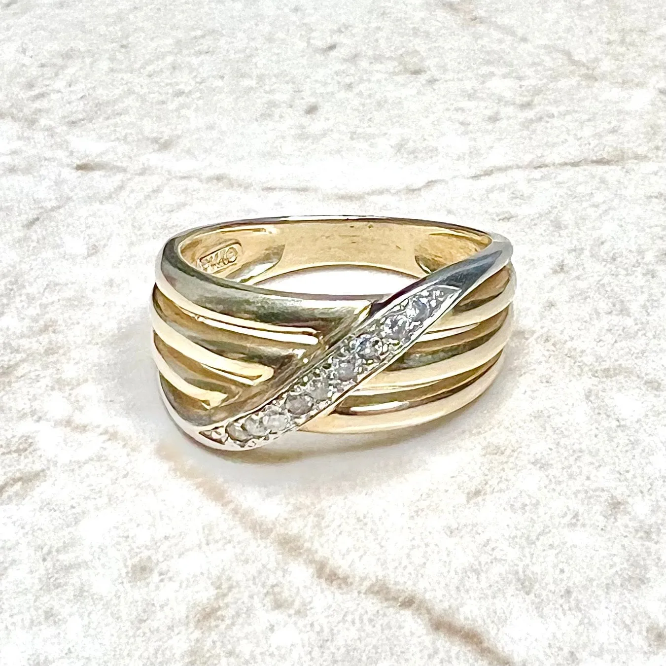 Vintage 14 Karat Two-Tone Gold Diamond Crossover Band Ring