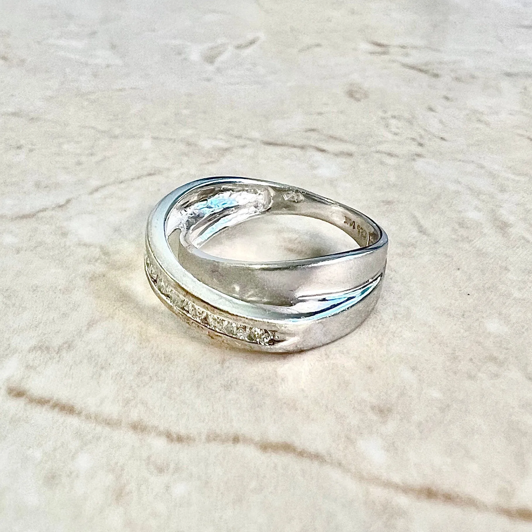 Vintage 14 Karat White Gold Diamond Crossover Band Ring