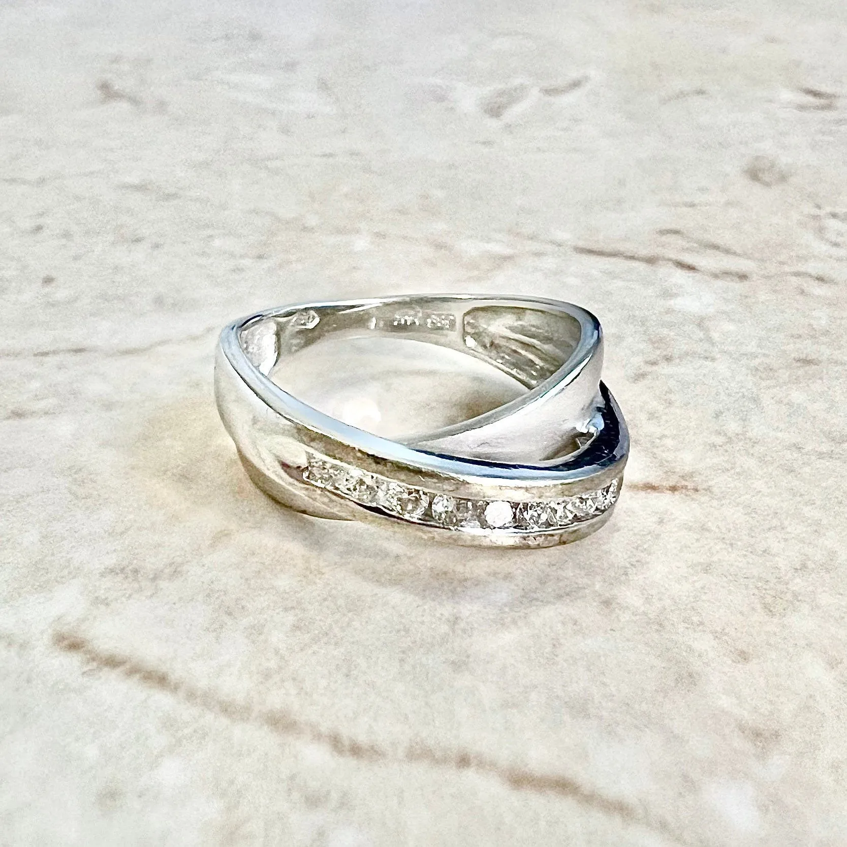 Vintage 14 Karat White Gold Diamond Crossover Band Ring