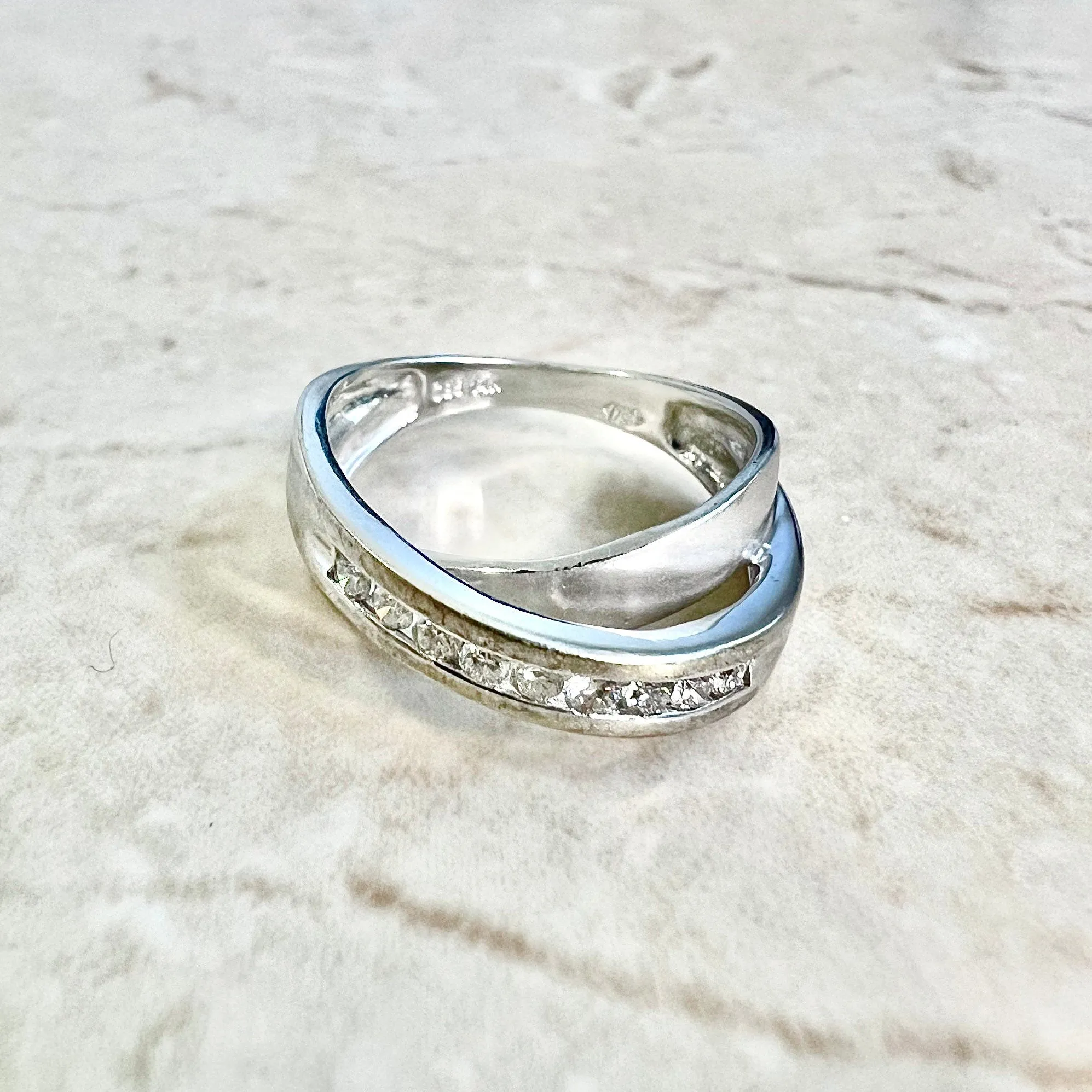 Vintage 14 Karat White Gold Diamond Crossover Band Ring